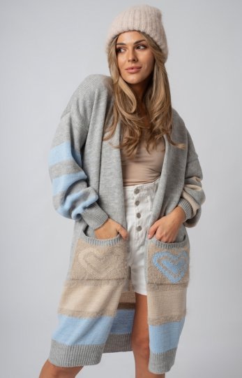 Kolorowy oversizowy długi kardigan Carrie szary-beż