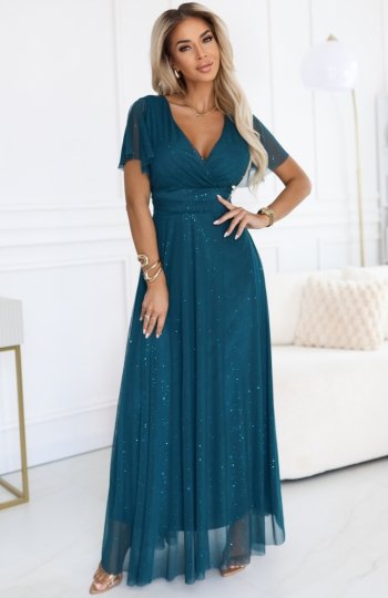 Numoco 635-1 MELANIA długa błyszcząca suknia z dekoltem i krótkim rękawkiem 