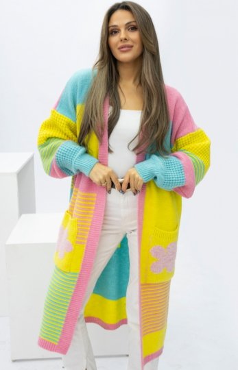 Oversizowy długi kardigan damski z kiszeniami Marbelio kolorowy