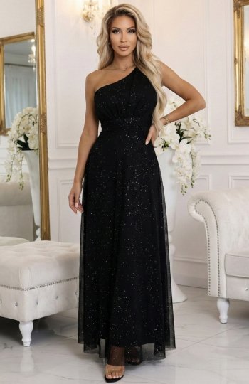 Numoco 656-3 długa błyszcząca suknia wieczorowa na jedno ramię 