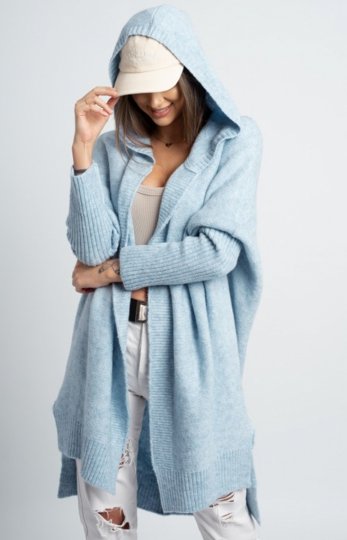 Osher asymetryczny kardigan damski z kapturem błękitny