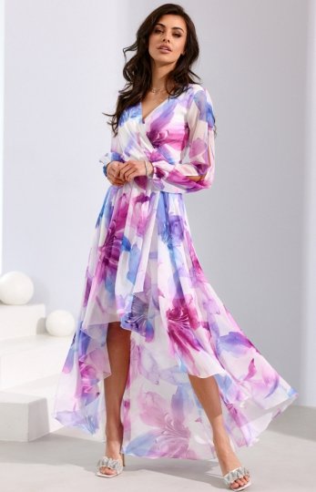 Asymetryczna maxi sukienka szyfonowa w kolorowe kwiaty