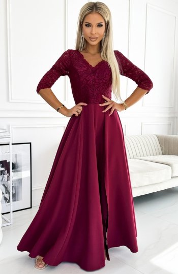 Numoco 309-9 AMBER elegancka długa suknia maxi z koronkowym dekoltem 