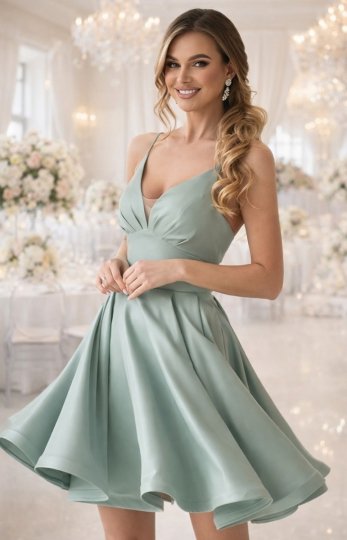 Błyszcząca rozkloszowana sukienki mini z gorsetowym tyłem - miętowa