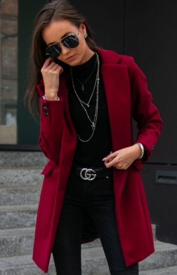 Elegancki płaszcz z wełną bordowy Roco P012