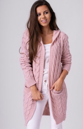 Setin długi kardigan z kapturem GLORIA pudrowy róż