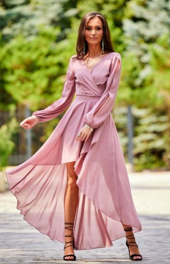 Asymetryczna maxi sukienka szyfonowa jasny róż