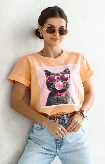 T-shirt kotek okulary brzoskwinka