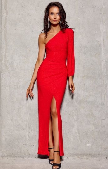 Brokatowa sukienka maxi na jedno ramię czerwona 353 