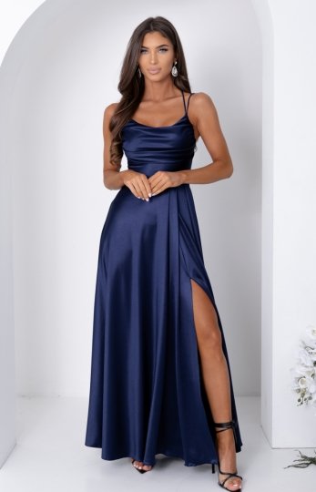 Duet Valeria satynowa długa sukienka z wiązaniem gorsetowym granatowa 