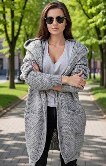 Kardigan damski Flora - miękki sweter oversize z kapturem szary