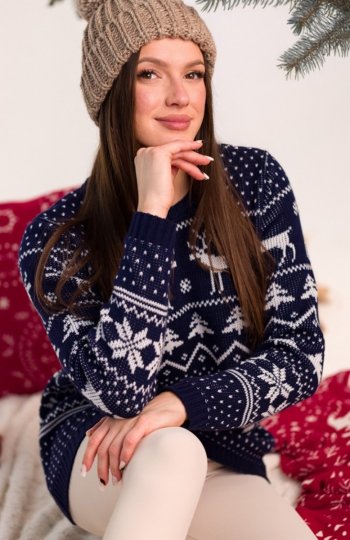 Świąteczny sweter o prostym fasonie granatowy MXS09 