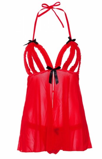 Ruffle czerwona koszulka babydoll i stringi