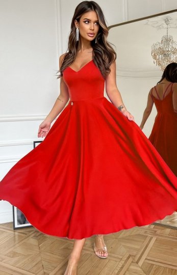 Czerwona rozkloszowana sukienka midi 244-02