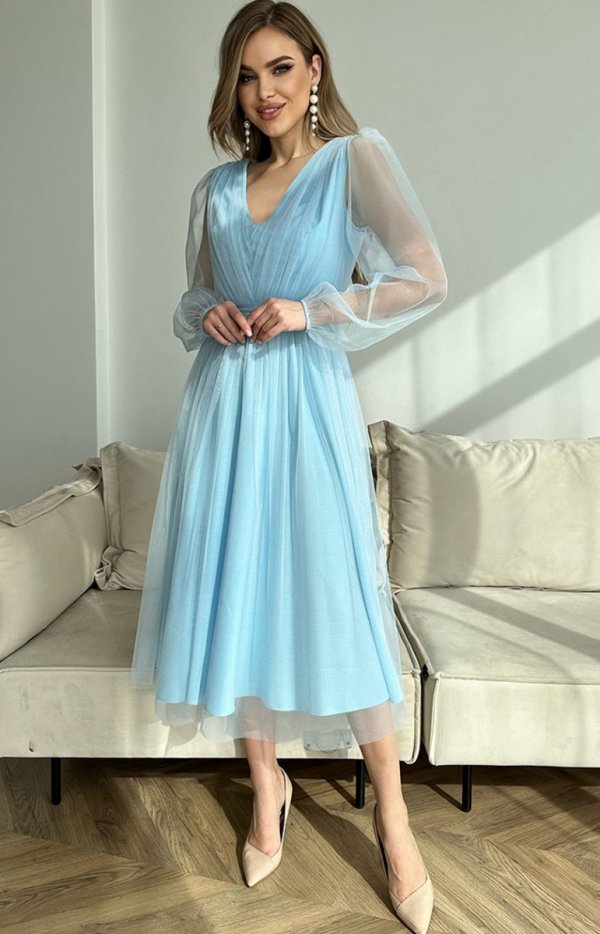 Bicotone 269-81 błękitna sukienka midi z tiulowymi rękawami-1