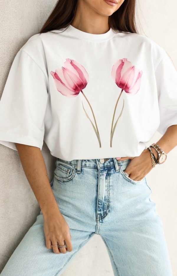 Oversizowy t-shirt Dwa Tulipany biały-1