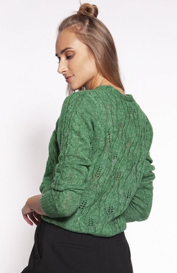 MKM SWE267 ażurowy, rozpinany sweterek damski zielony tył
