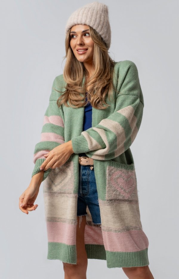 Kolorowy oversizowy długi kardigan Carrie oliwkowy