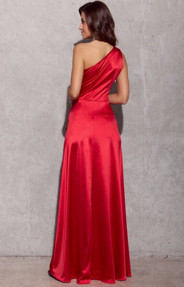 Asymetryczna satynowa sukienka maxi czerwona 0461 tył