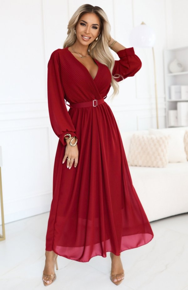 Numoco 639-1 elegancka plisowana sukienka maxi z paskiem i kopertowym dekoltem 
