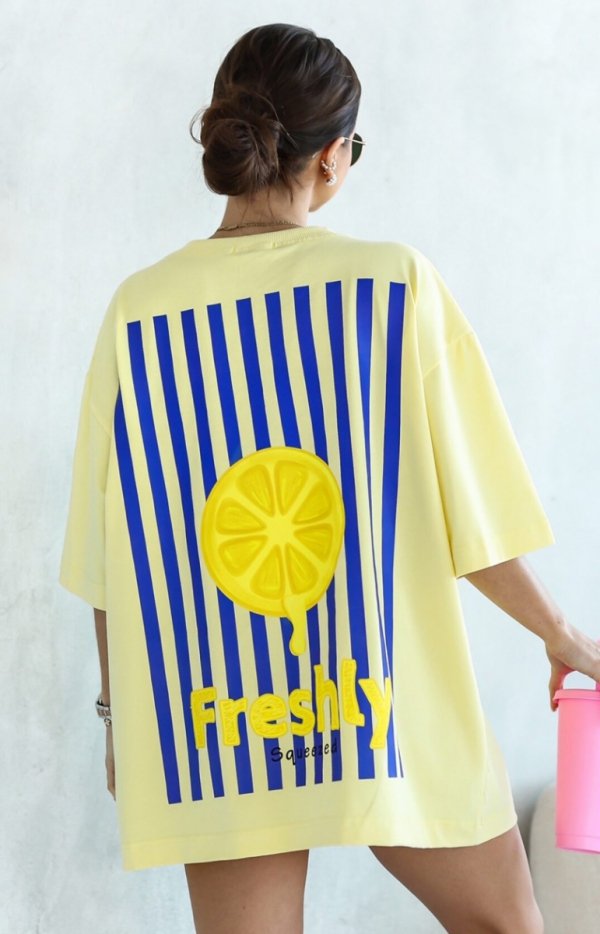 Oversizowy t-shirt damski długi cytrynowy