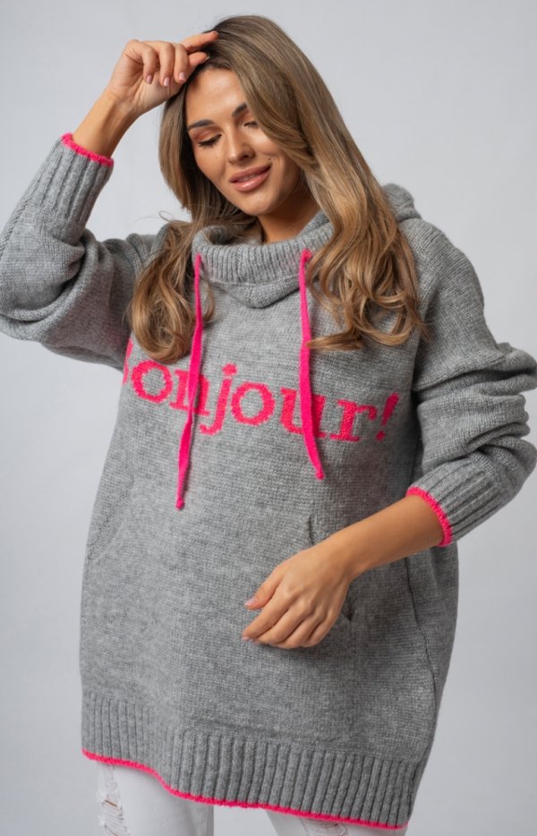 Luźny sweter damski typu bluza z kapturem Bonjour szary