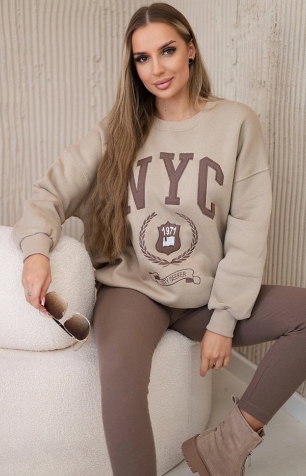 Komplet bawełniany bluza ocieplana i legginsy ciemny beż-1