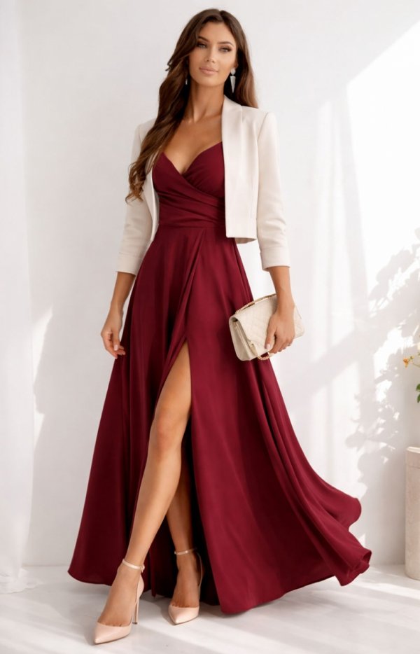 Duet Valentina długa sukienka gładka bordowa-1