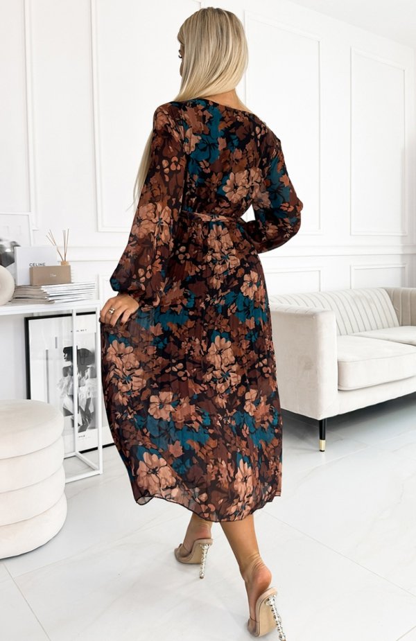 Numoco 519-2 plisowana szyfonowa długa sukienka z dekoltem, długim rękawkiem i paskiem tył