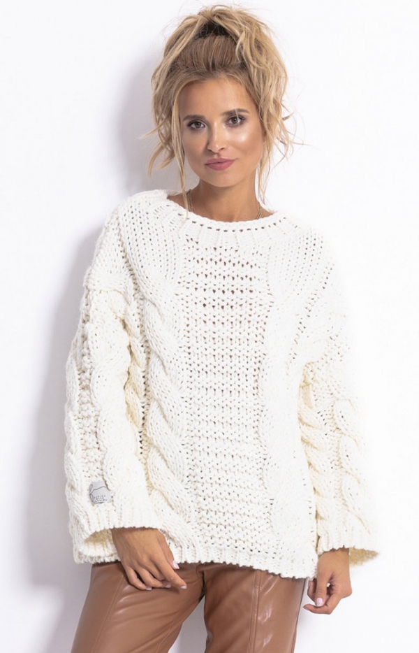 Ciepły sweter z wełny i alpaki ecru F780-1