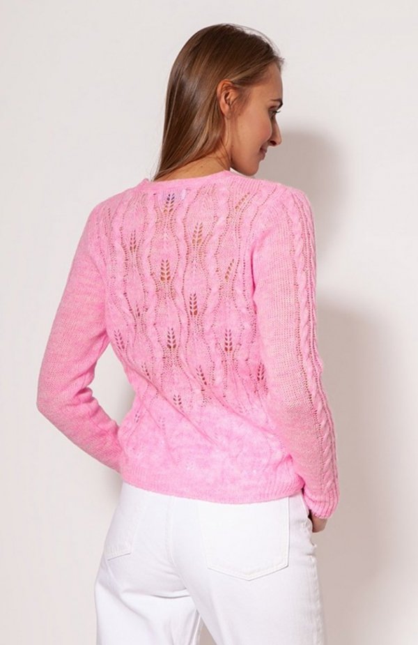 MKM SWE267 ażurowy, rozpinany sweterek damski baby pink tył