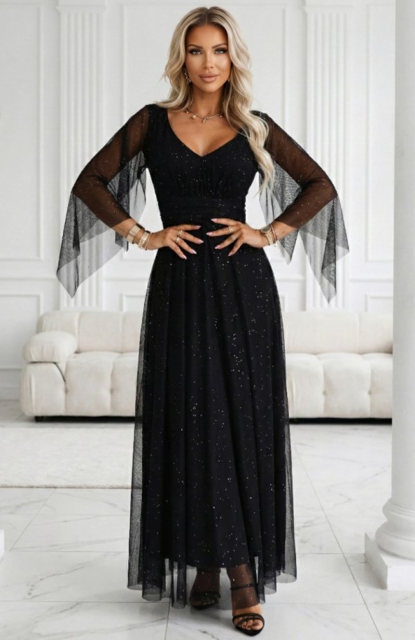 Numoco 655-1 długa połyskująca w świetle suknia z dekoltem i transparentnym rękawkiem 