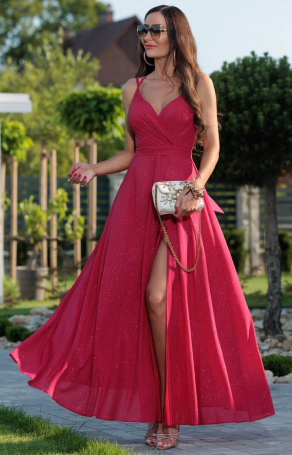Długa brokatowa sukienka Paris malinowa czerwień
