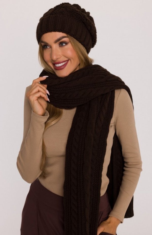 Moe czapka damska splot warkocz brązowa M897 