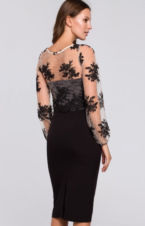 Ołówkowa sukienka midi z koronkową górą czarna K013 tył