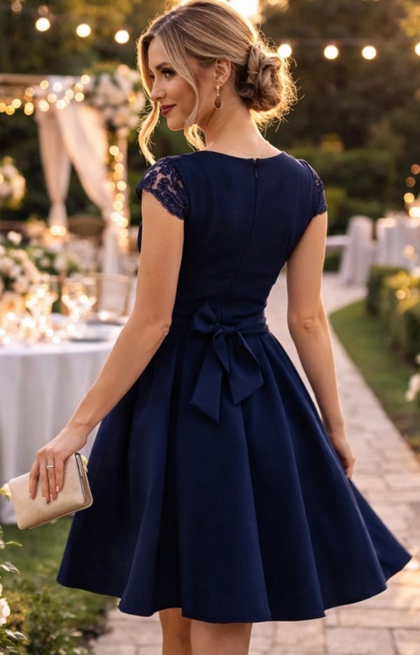 Granatowa sukienka rozkloszowana z koronkową górą na wesele tył