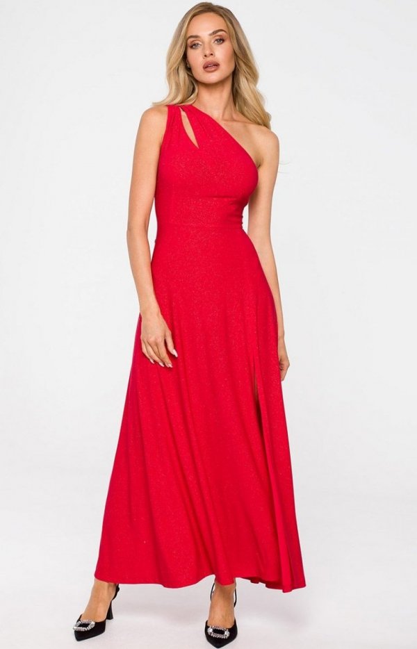 Błyszcząca czerwona długa sukienka z wycięciem M718-1