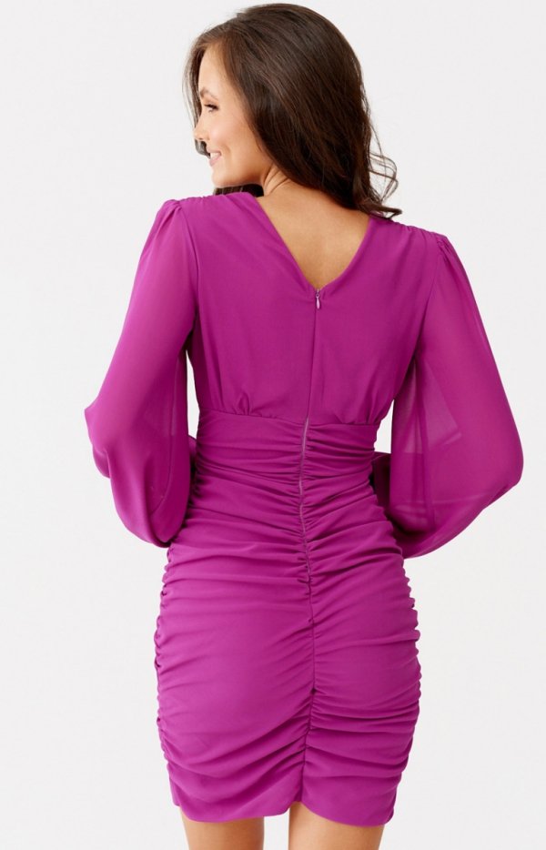 Dopasowana mini sukienka z bufiastymi rękawami śliwka tył