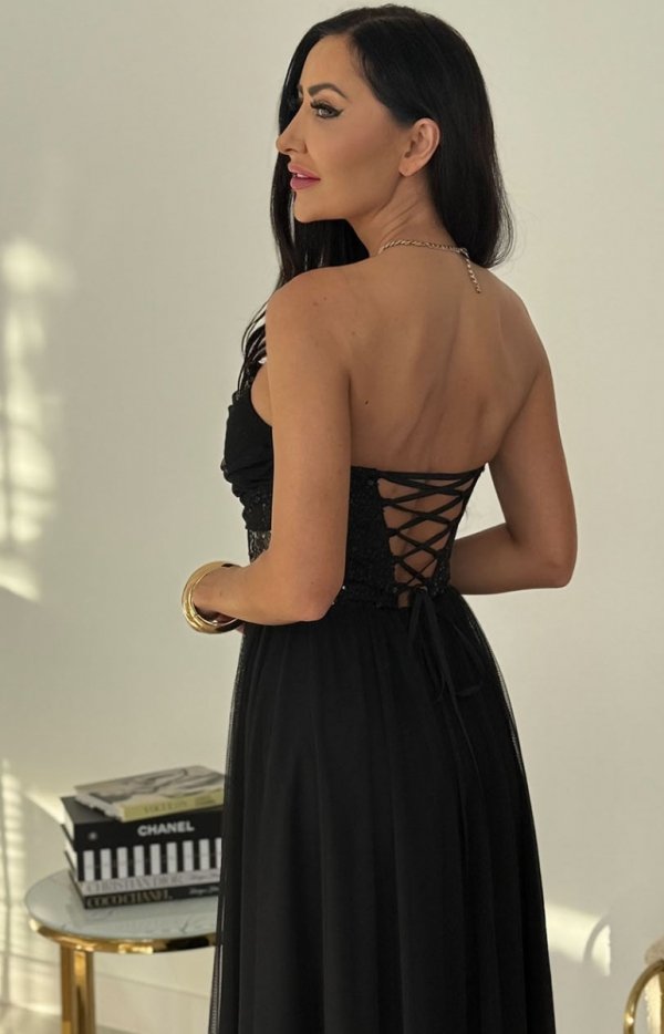Czarna suknia wieczorowa premium z gorsetem i cekinami Amaya tył