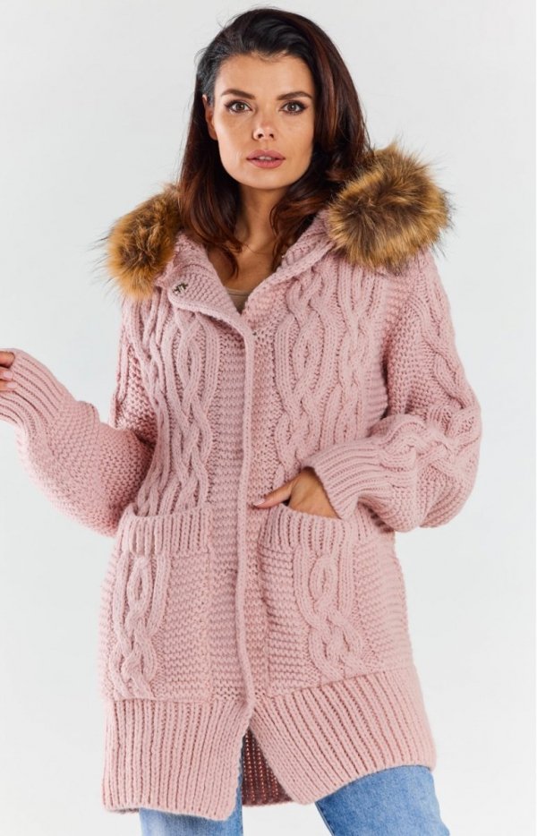 Awama A478 ciepły sweter z futerkiem różowy-1