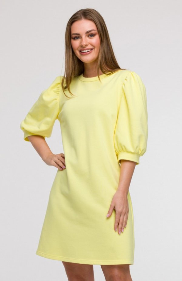 Bewear B291 sukienka z bufiastymi rękawami cytrynowa 