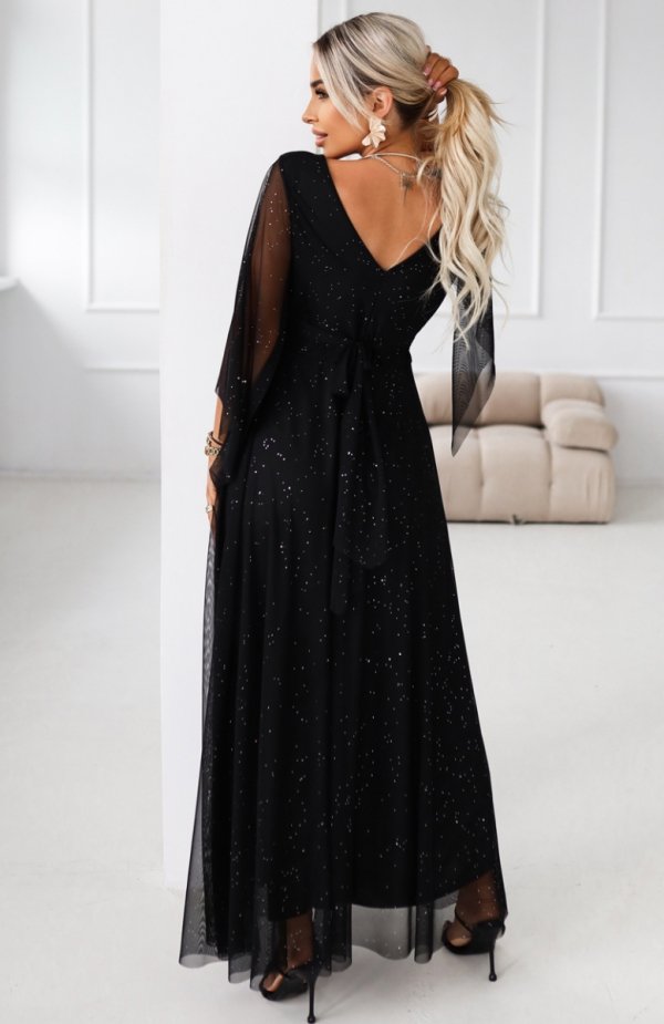 Numoco 655-1 długa połyskująca w świetle suknia z dekoltem i transparentnym rękawkiem tył