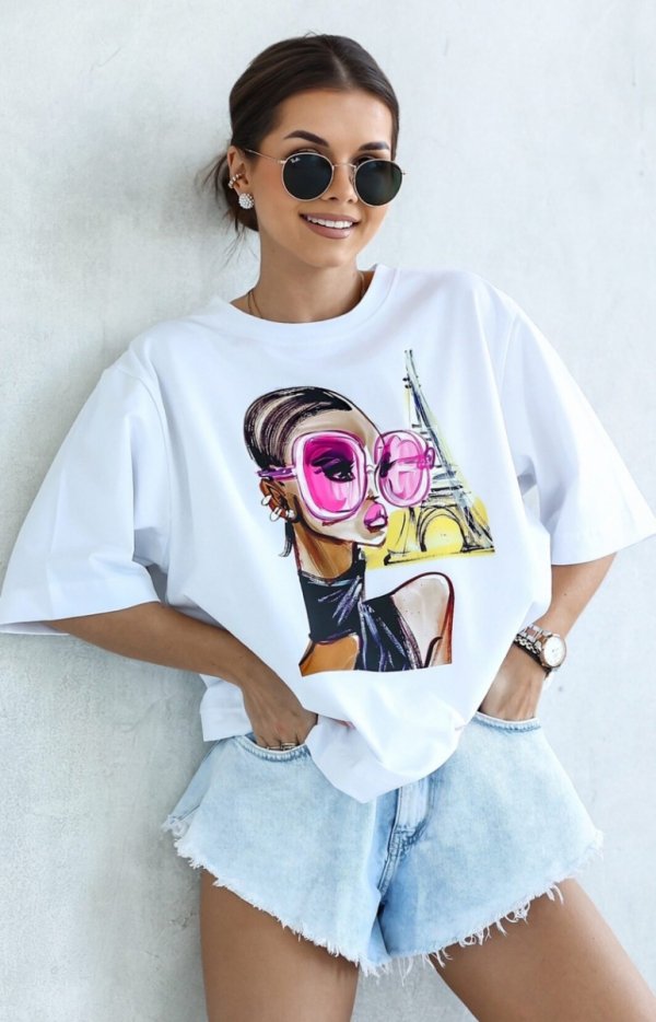 Oversizowy t-shirt damski różowe okulary biały