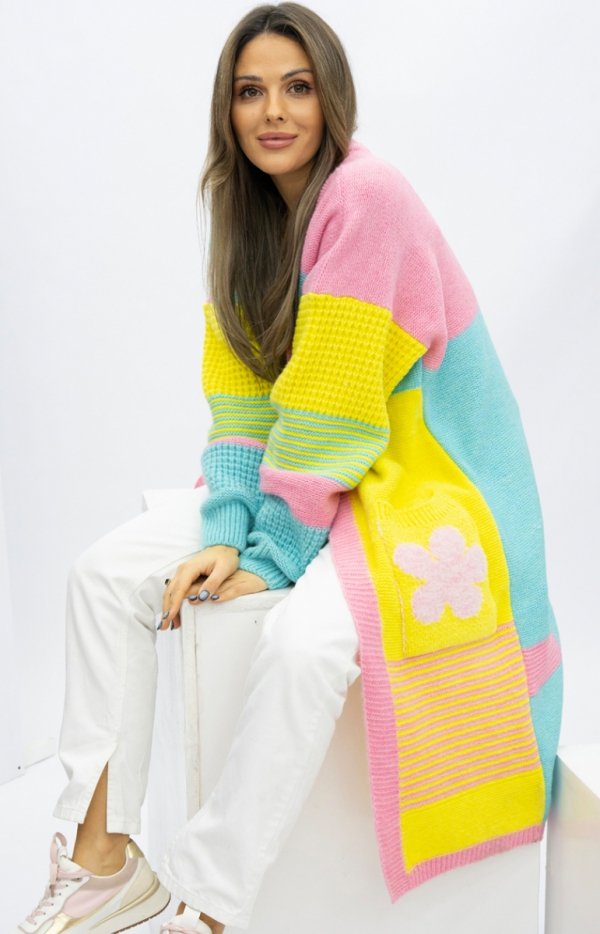 Oversizowy długi kardigan damski z kiszeniami Marbelio kolorowy-2