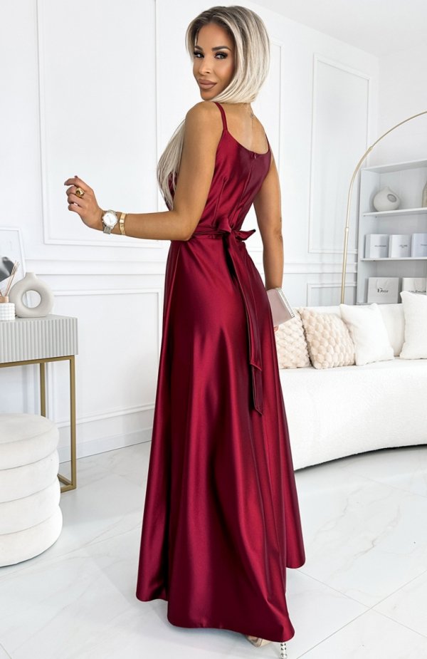 Numoco 512-6 JULIET elegancka długa satynowa suknia z dekoltem i rozcięciem na nogę tył