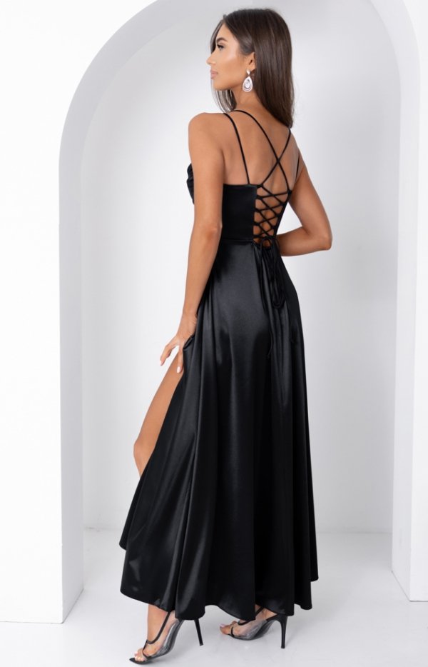 Duet Valeria satynowa długa sukienka z wiązaniem gorsetowym czarna tył