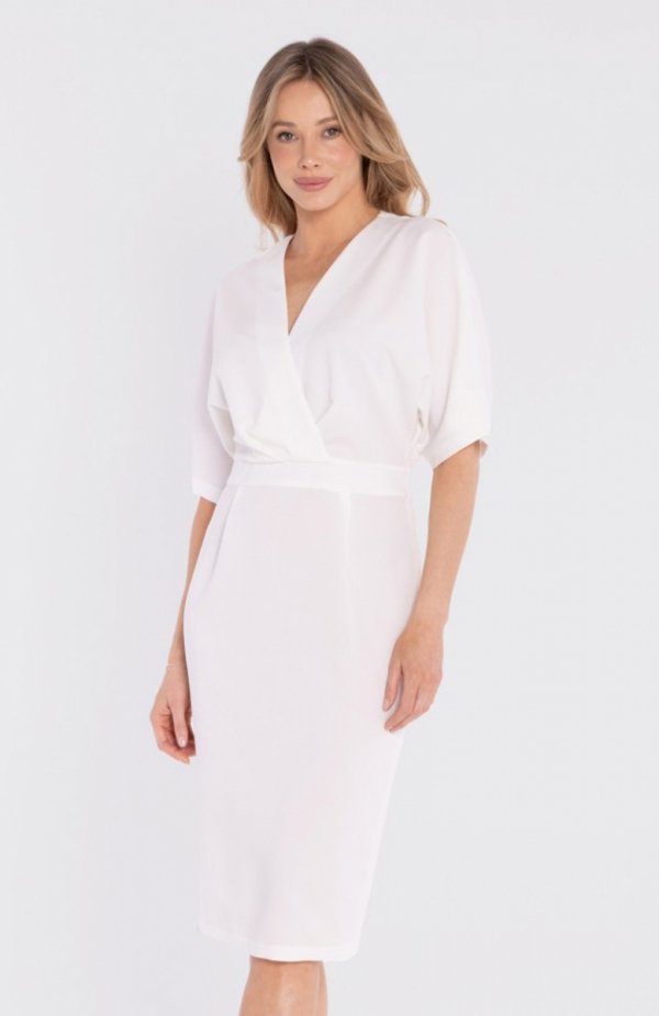 Stylove S434 sukienka midi z kopertowym dekoltem ecru 
