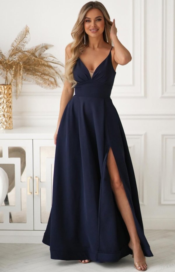 Elegancka granatowa balowa sukienka z kieszeniami