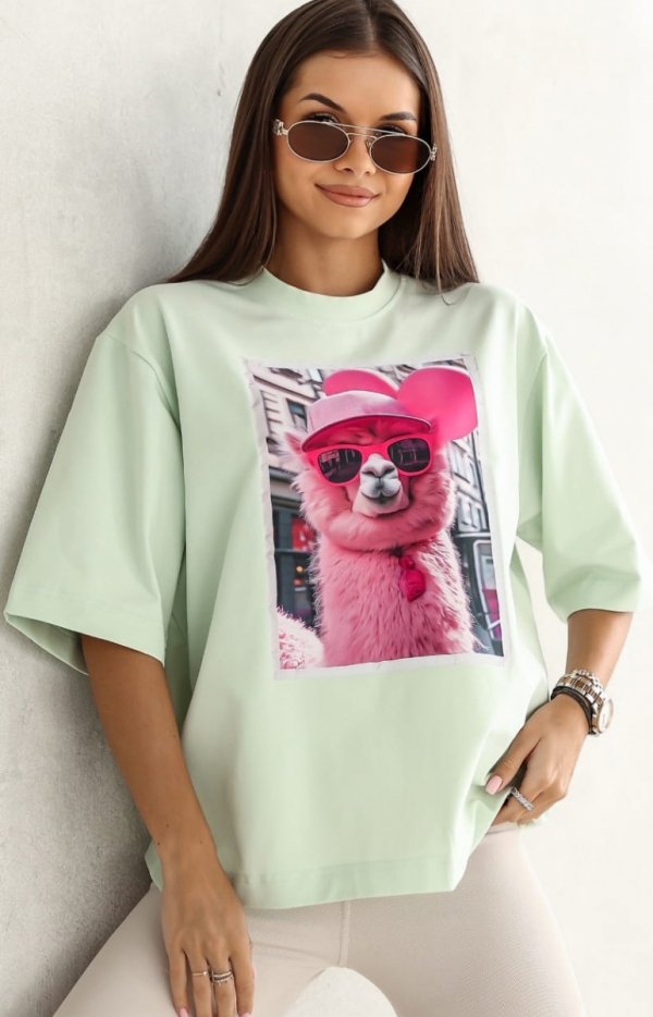 Oversizowy t-shirt damski lama pistacjowy