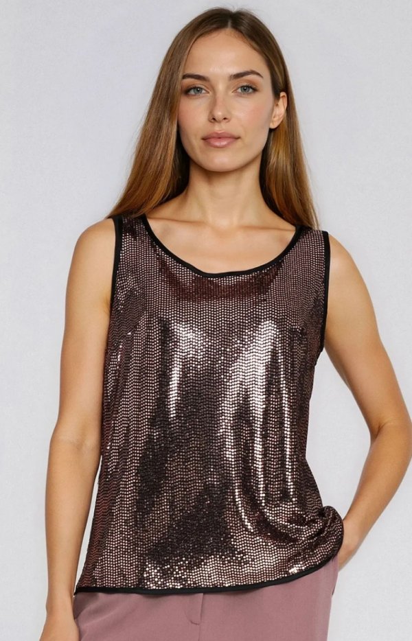 Błyszcząca bluzka na szerokich ramiączkach miedziana-1